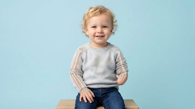 Smiling toddler with limb difference and conceptual X-ray skeletal overlay on arms sitting on wooden block