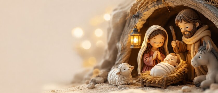 Adorable cartoon nativity scene with holy family and barn animals. banner format