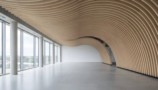 Empty Office Interior with Curved Acoustic Ceiling Baffle