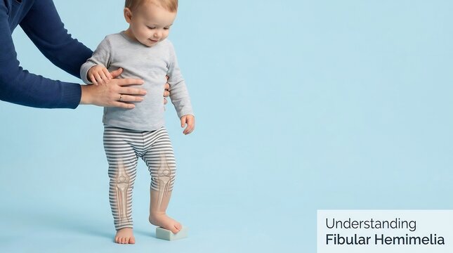 Toddler standing with skeletal leg overlay and orthotic support for medical illustration of fibular hemimelia