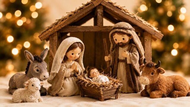 Adorable needle-felted nativity scene with holy family and twinkling bokeh lights in a cozy christmas setting. Copy space