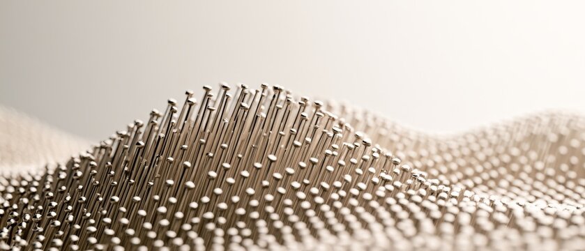 Metal pins arranged in uneven patterns form shapes and patterns under light