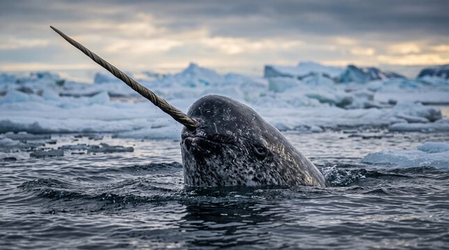 Narwhal swimming in Arctic waters with icebergs in the background