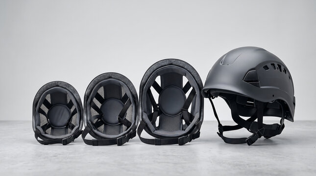 Row of black industrial safety helmets in different sizes showing interior and exterior design