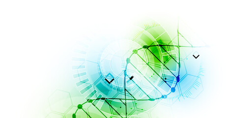 Obraz premium Abstract biotechnology background with a green and blue DNA double helix molecule and hexagonal patterns on a white background.