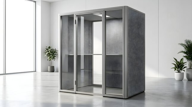 Minimalist Office Interior with Quiet Zone Acoustic Booth Empty