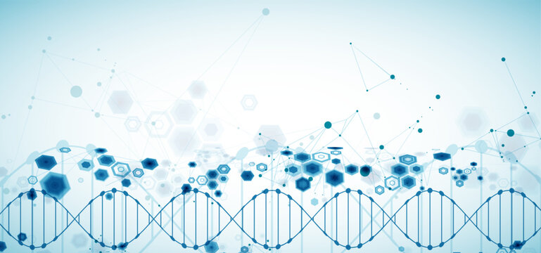 Abstract medical background with blue DNA helix structure and technology hexagons. Vector illustration