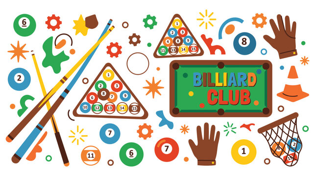 Billiard club illustration featuring pool cues balls triangle rack and gaming equipment.