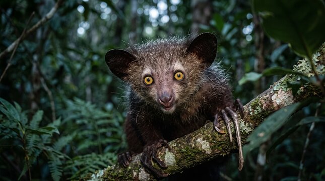 Aye-aye lemur perched on tree branch in dense Madagascar forest