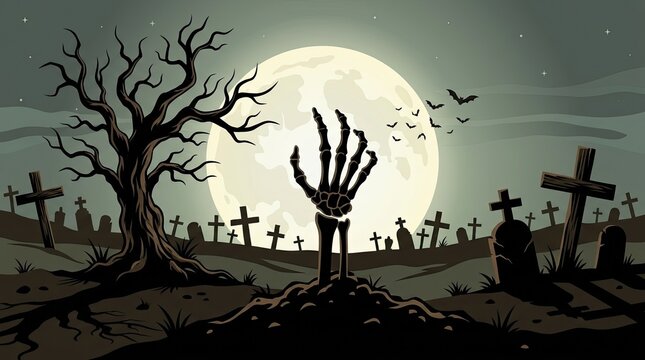 Spooky halloween graveyard scene featuring a skeleton hand rising from the ground under a large glowing full moon