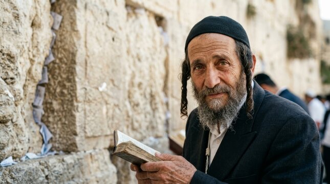 Orthodox jewish man praying at the western wall in jerusalem, israel, with a traditional kippah and beard