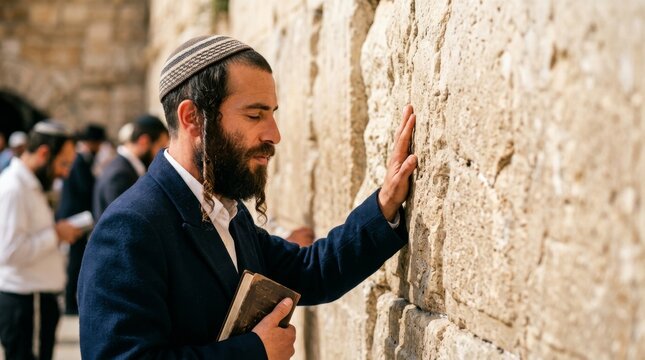 Orthodox jewish man praying at the western wall in jerusalem, israel, with a traditional kippah and beard