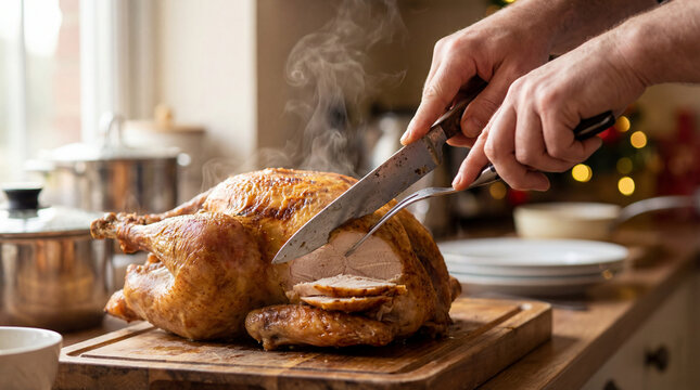 Hands carving roasted turkey on wooden board in warm kitchen showing holiday dinner preparation Thanksgiving feast family tradition suited for campaigns about lifestyle wellness community
