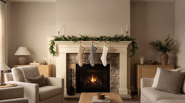 Elegant living room with burning fireplace greenery garland candles stockings neutral furniture representing cozy holiday interior seasonal home decor winter comfort with practical