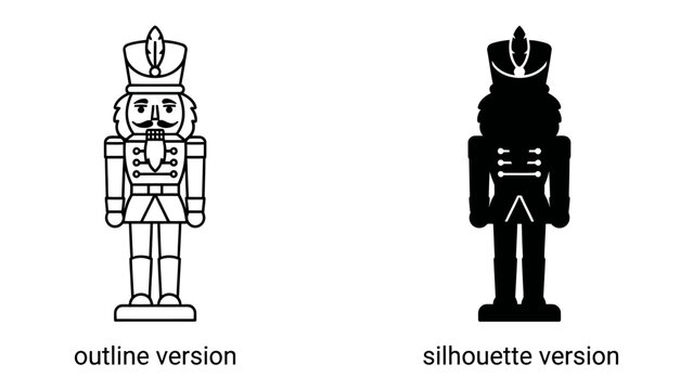 Nutcracker King: A classic nutcracker figure depicted in both an outline and silhouette version, representing a symbol of holiday cheer and festive tradition.