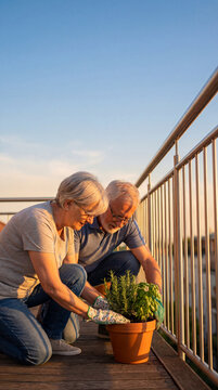 Senior couple potting culinary herb plant together on sunny balcony, authentic active aging concept showing independence confidence value value value value value value value value value