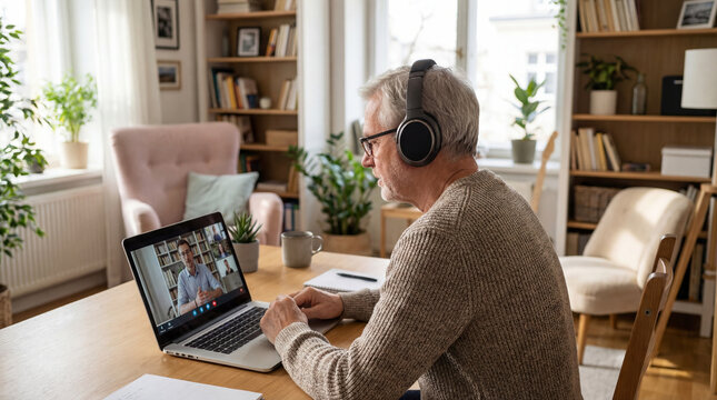 Senior man wearing headphones during video call on laptop at home, authentic active aging concept showing independence confidence value value value value value value value value value