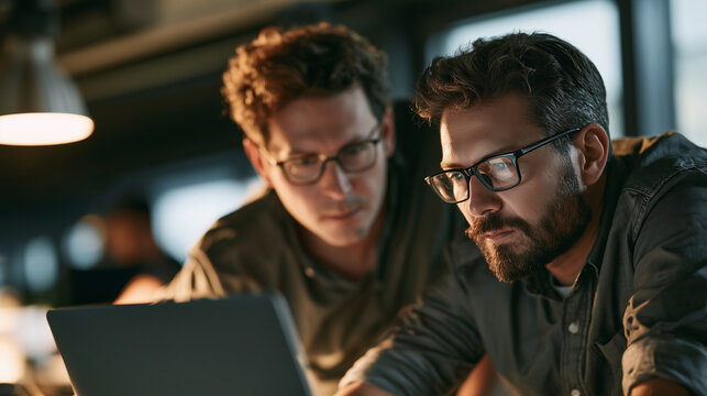 An IT specialist helping a colleague troubleshoot a laptop issue, waist-up shot, modern office blurred background, warm natural light, candid corporate photography