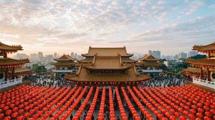 Obraz premium Traditional chinese temple courtyard decorated with hundreds of glowing red lanterns during a beautiful sunset in taipei taiwan