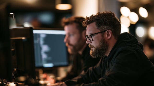 Two colleagues pair programming at a shared desk, medium shot, dual monitors blurred behind, warm office lighting, realistic photo