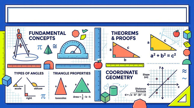 Educational infographic poster featuring fundamental mathematical concepts geometry theorems and coordinate geometry formulas