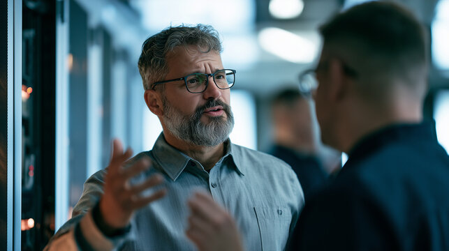 An IT manager explaining a system upgrade to a coworker, waist-up shot, server room softly blurred in background, natural light, candid business photography