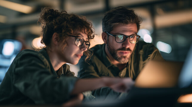 Two colleagues reviewing a data migration plan on a laptop, medium shot, modern tech office blurred, warm tones, candid photography