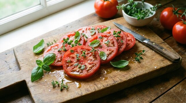 sliced red tomatoes garnished with herbs on rustic wooden board
