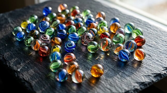 Vibrant Colorful Glass Marbles Collection Traditional Childhood Game Toys on Dark Slate Background