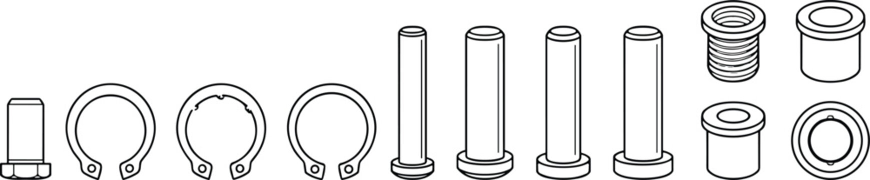Retaining rings, clevis pins and threaded bushings vector hardware components set