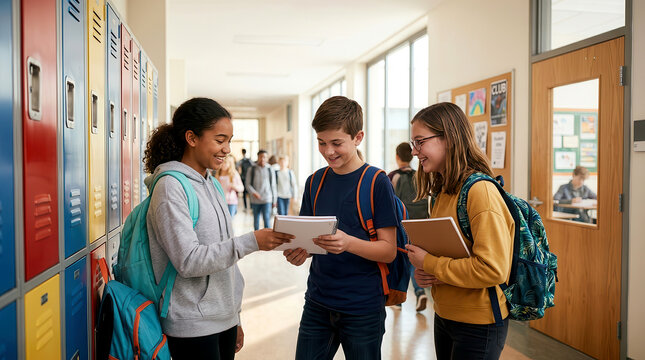 Three diverse students standing in a school hallway talking and looking at a notebook together