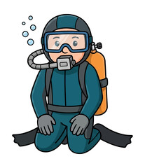 Obraz premium A cheerful cartoon scuba diver in full gear including mask oxygen tank and fins kneeling with bubbles