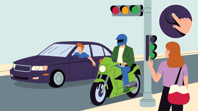 Woman pressing crosswalk button for pedestrian traffic light while car and motorcycle wait