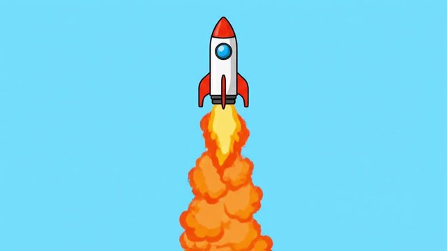 Animated Rocket Launching into Clear Blue Sky with Fiery Exhaust.
