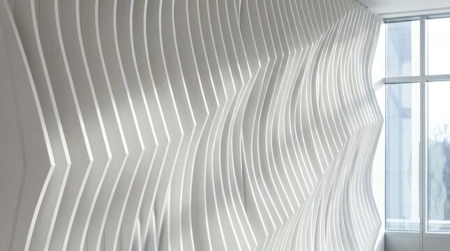 White parametric wall panel with vertical dynamic wavy lines in modern interior