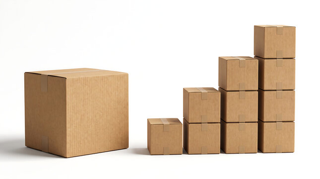 Cardboard boxes arranged as bar chart, e-commerce sales growth and online business success concept, white background