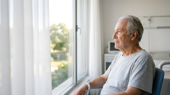 Elderly man sitting in hospital room looking out the window