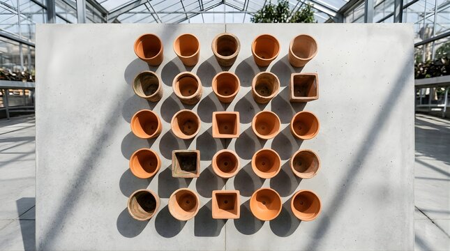 Empty terracotta flower pots arranged in a grid pattern on a concrete wall