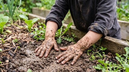 Fototapeta premium Child Playing Outdoors Mud Garden Authentically Messy Hands