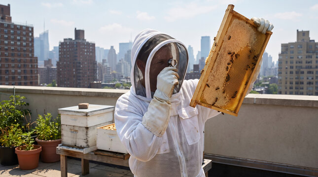 Veiled beekeeper inspects a hive frame with a loupe on a city rooftop apiary