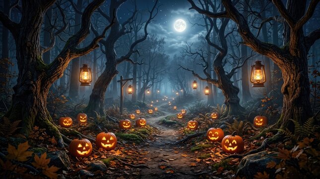 Eerie Halloween trail in a misty forest with glowing jack o lanterns and lanterns
