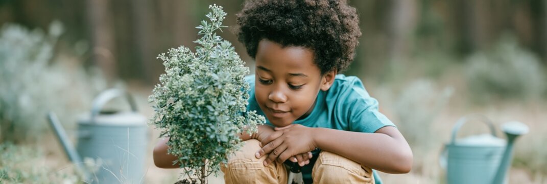 Young boy inspecting a potted shrub in a meadow with watering cans for sustainable gardening poster and nature background