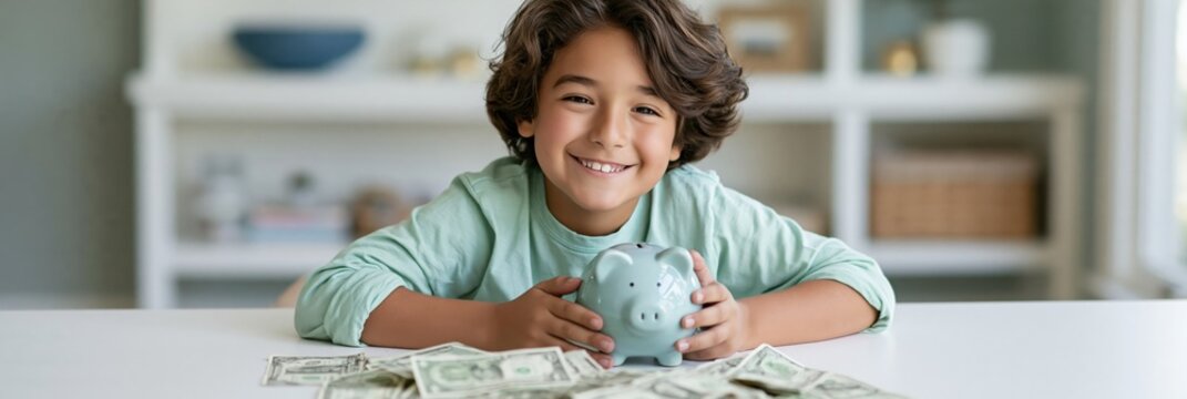 Smiling child leaning on table with green piggy bank and scattered dollars for savings concept and kids finance banner background