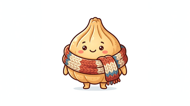 Cute cartoon dumpling character wearing a cozy knitted scarf isolated on white background.