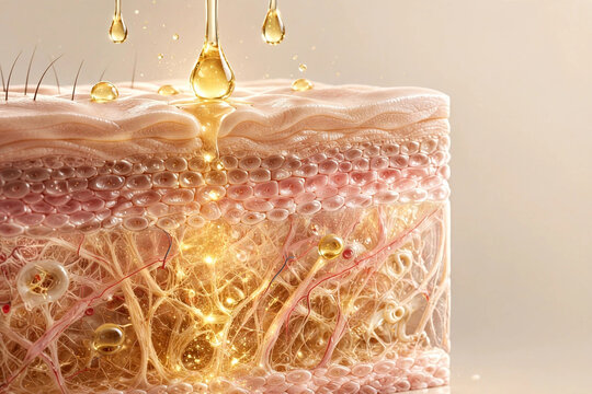 3D illustration of skin cross section showing serum absorption and cellular rejuvenation
