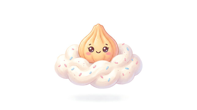 Cute cartoon dumpling character sitting on a fluffy cloud with colorful sprinkles.