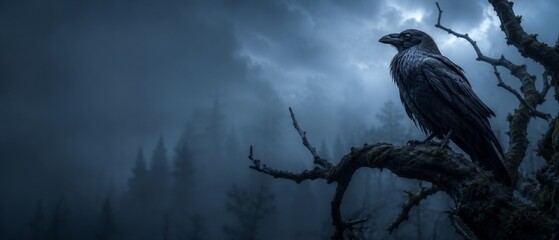 Naklejka premium Mystical black raven perched on a tree branch in a foggy, dark forest under a stormy banner format