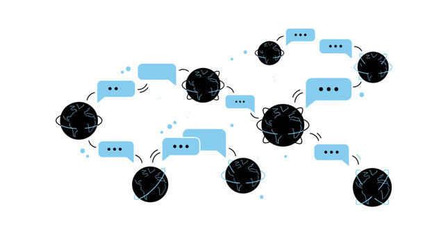 Network of interconnected black spheres linked by blue speech bubbles showing chat notifications.