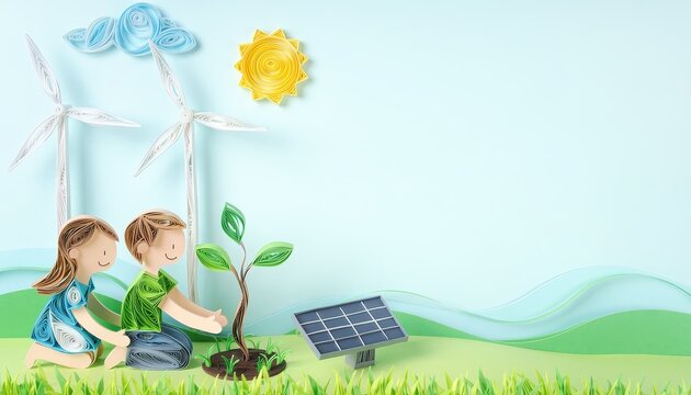 Paper Quilling Sustainability concept. Children planting a tree near wind turbines and a solar panel in a green landscape.