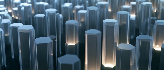 Fototapeta premium Vertical shapes stand on a dark surface with light glowing from the base in a modern design setting